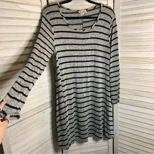 TMG Gray and Black Striped Print Long Sleeve T Shirt Midi Dress L